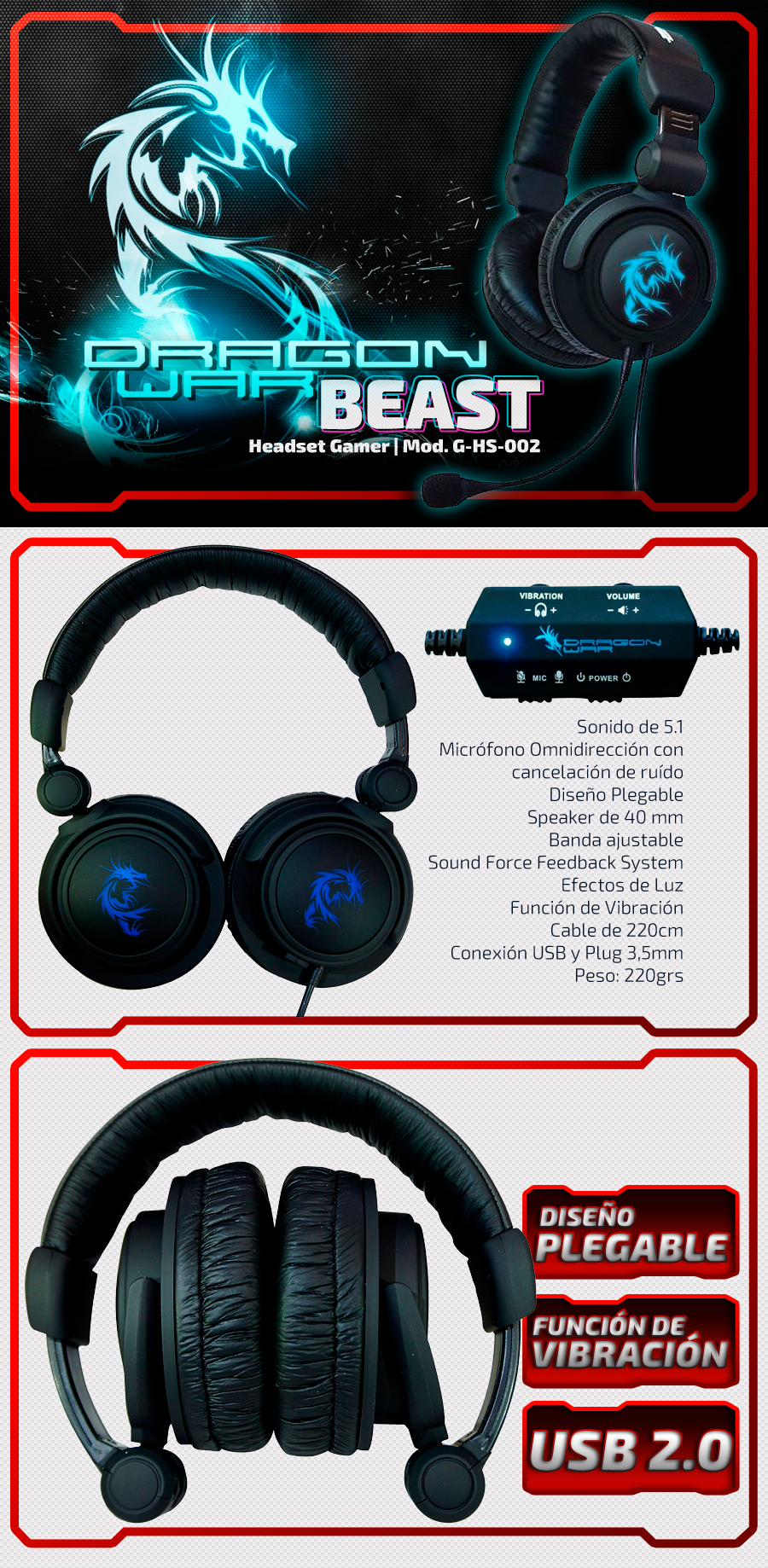 DragonWar Beast Headset Gamer G-HS-002 Luces LED